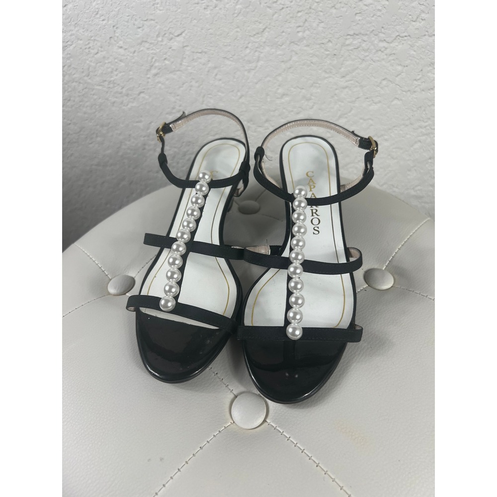 Caparros Womens Black Patent Pearl T-Strap Wedge Sandals Size 7B Evening Shoes